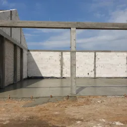 Surowy stan budynku w trakcie budowy: wylany fundament, ściany z bloczków i betonowy szkielet nośny pod przyszły dach, widok z zewnątrz.