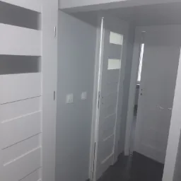 Wnętrze mieszkania z trzema białymi drzwiami wewnętrznymi z przeszkleniami, szare ściany z włącznikami światła, ciemna podłoga, widok z perspektywy korytarza.