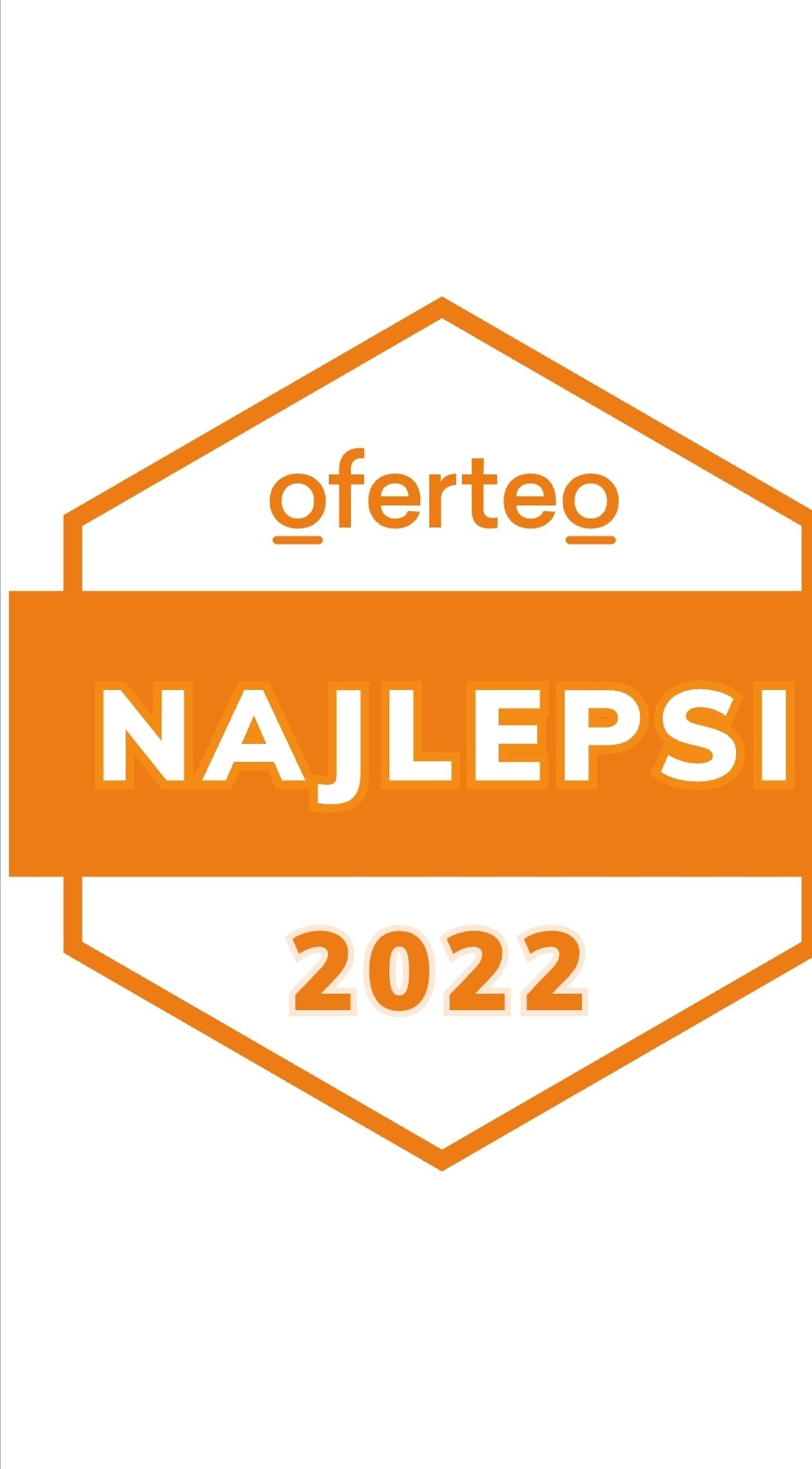 Pomarańczowo-białe logo Oferteo 'Najlepsi 2022' w kształcie sześciokąta na białym tle.