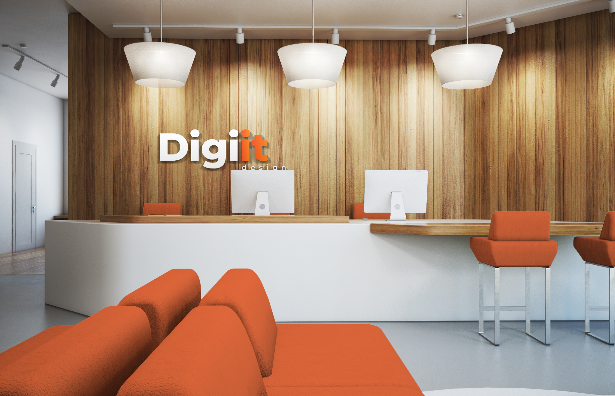 Nowoczesne biuro agencji interaktywnej z drewnianą ścianą, logo Digit Design, białym biurkiem recepcyjnym, pomarańczowymi krzesłami barowymi i sofą w odcieniach pomarańczy