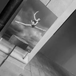 Czarno-białe zdjęcie plakatu z baletnicą w powietrzu, wykonującą szpagat na tle burzowego nieba, umieszczonego na betonowej konstrukcji.