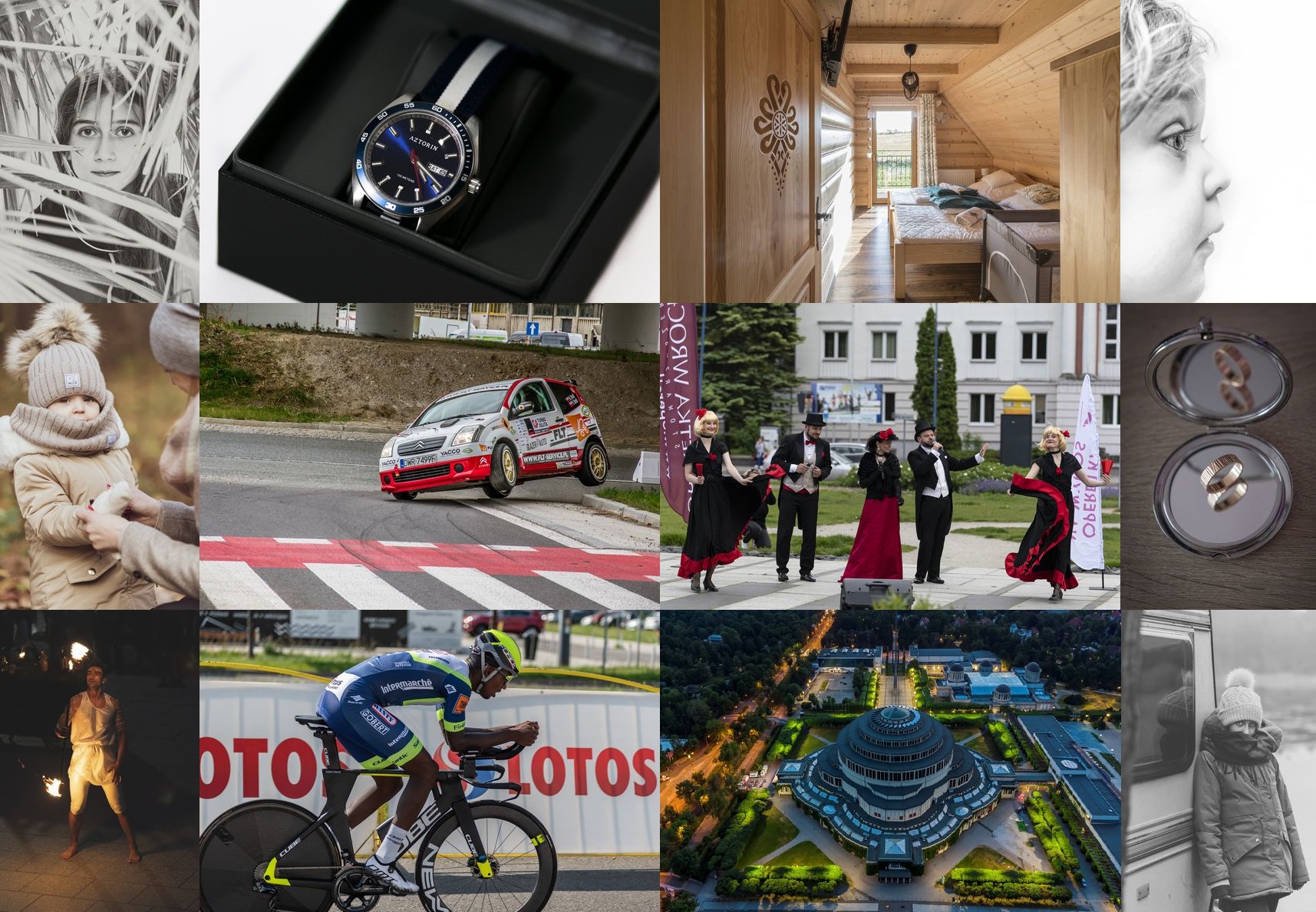 Kolaż zdjęć prezentujący różnorodne sceny: portret dziecka przez liście, zegarek w pudełku, wnętrze drewnianego domku, profil dziecka, dziewczynka z rodzicem, rajdowy samochód na drodze, grupa...