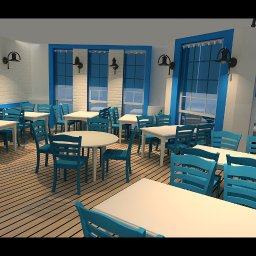 Arda Design And Consulting - Wnętrze restauracji w stylu marynistycznym z drewnianą podłogą, białymi ścianami z cegły, niebieskimi okiennicami i turkusowymi krzesłami przy białych stolikach, oświetlone lampami ściennymi...
