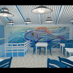 Arda Design And Consulting - Wnętrze restauracji z motywem morskim: mozaika z rybą na ścianie, białe stoły z niebieskimi krzesłami, podłoga w biało-czarne pasy, oświetlenie punktowe w stylu industrialnym.