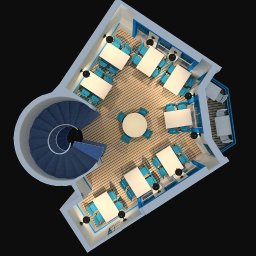 Arda Design And Consulting - Widok z góry na wizualizację biura z drewnianą podłogą, białymi biurkami, turkusowymi krzesłami i spiralnymi schodami obok.