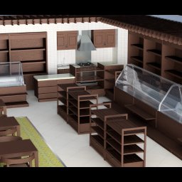 Arda Design And Consulting - Wizualizacja 3D wnętrza cukierni lub piekarni z brązowymi meblami, przeszklonymi witrynami chłodniczymi, regałami na pieczywo i stolikami dla klientów, widok z góry.