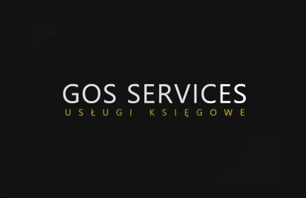 Logo firmy GOS SERVICES z napisem 'Usługi Księgowe' w kolorze żółtym na czarnym tle. Minimalistyczny design i nowoczesny font.