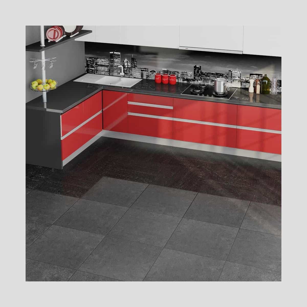 Nowoczesna kuchnia z czerwonymi szafkami, czarnym blatem i szarą podłogą z płytek; na ścianie fototapeta z panoramą miasta.