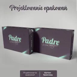 Dwa identyczne, fasonowe opakowania kartonowe w odcieniach szarości z zielonymi akcentami i logo 'Padre Mów Obrazem', ustawione na jasnoszarym tle, prezentujące projekt opakowania.
