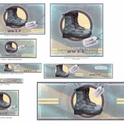 Grafika reklamowa przedstawiająca wojskowy but w kamuflażu na tle tarczy zegara z hasłem 'Wejdź w buty swojego klienta, złam zasady'.