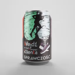 Puszka z grafiką przedstawiającą sylwetkę biegacza, buty sportowe i hasło 'Wejdź w buty Swojego Klienta SPRAWCZOŚĆ' na szarym tle.