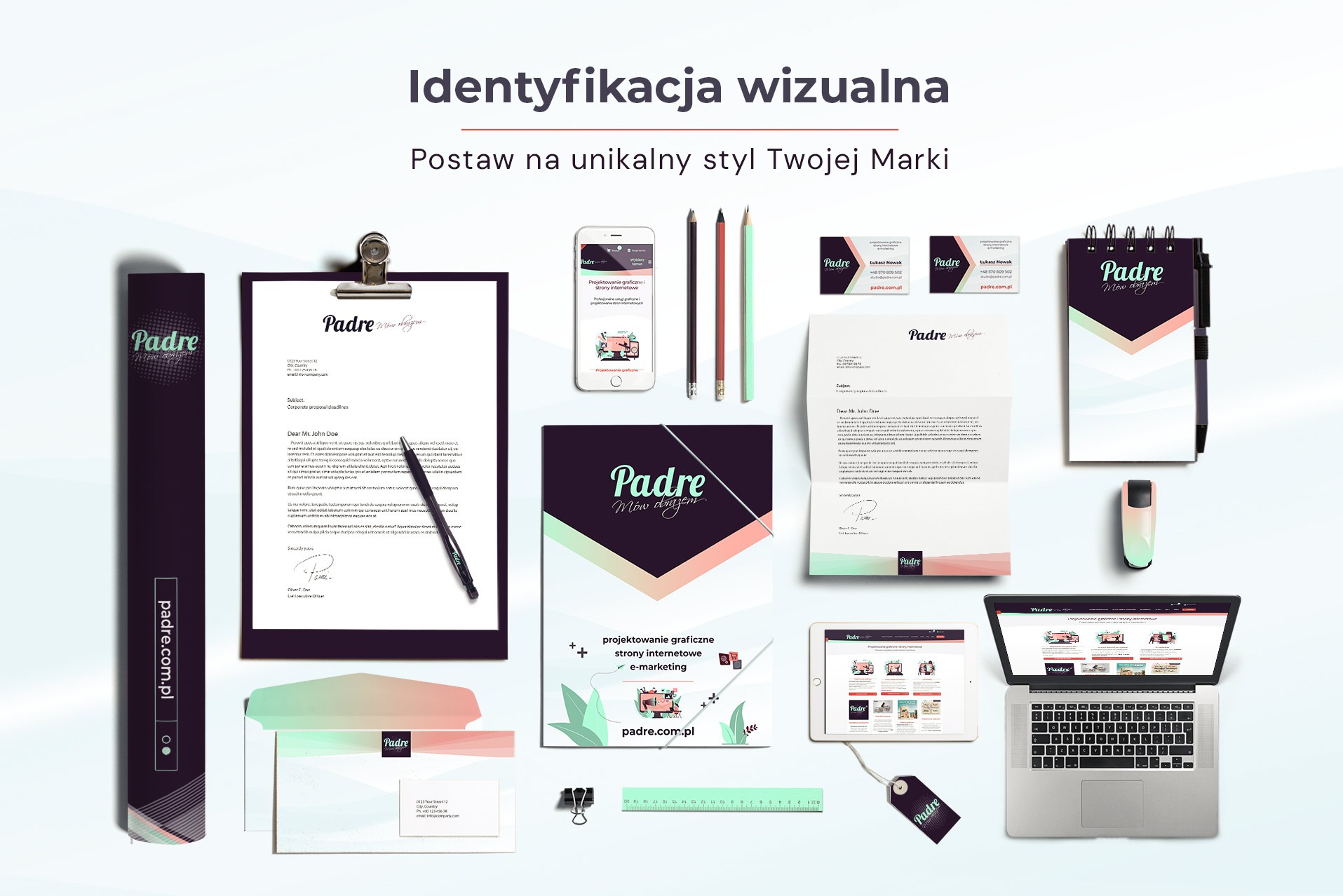 Kompletna identyfikacja wizualna marki Padre: wizytówki, papier firmowy, koperta, notatnik, teczka, długopis, telefon, tablet i laptop prezentujące stronę internetową.