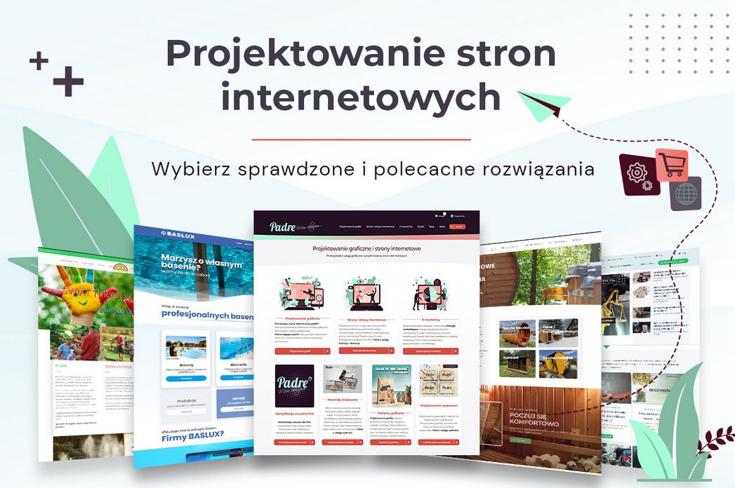 Prezentacja portfolio stron internetowych z różnymi układami i grafikami, z nagłówkiem 'Projektowanie stron internetowych'.