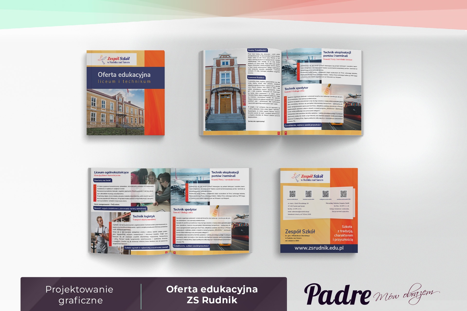 Broszury reklamowe Zespołu Szkół w Rudniku nad Sanem, prezentujące ofertę edukacyjną liceum i technikum, z elementami graficznymi i tekstem informacyjnym.