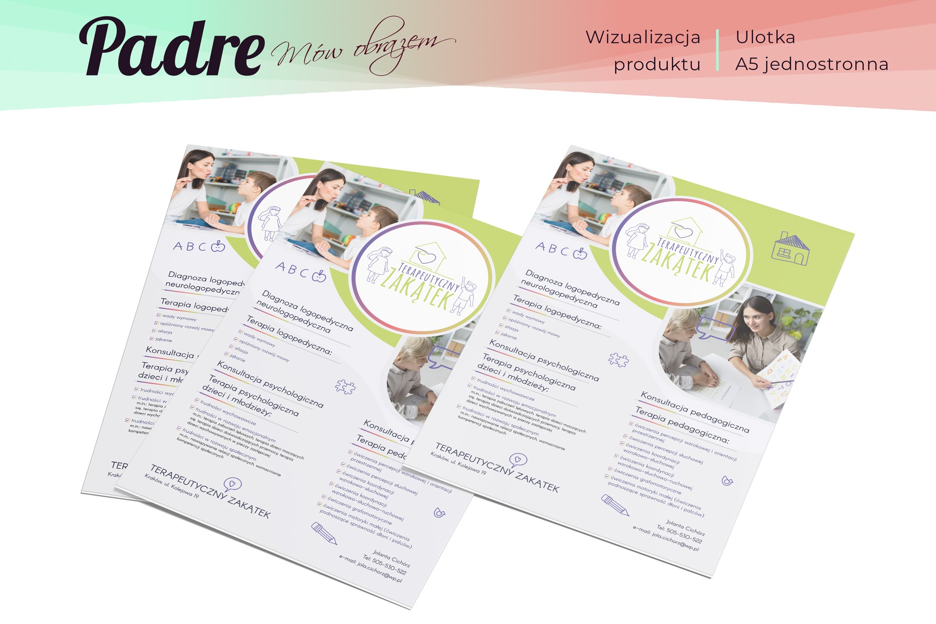 Ulotka A5 jednostronna z wizualizacją produktu 'Terapeutyczny Zakątek' oferującego diagnozę i terapię logopedyczną, psychologiczną i pedagogiczną dla dzieci i młodzieży.