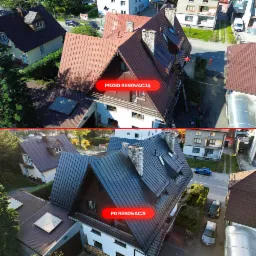 Porównanie dachu domu przed i po renowacji: górna część zdjęcia prezentuje czerwoną, zabrudzoną powierzchnię przed czyszczeniem, a dolna część ukazuje odnowiony, ciemny dach po malowaniu.