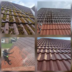 Kolaż czterech ujęć dachu z czerwonej dachówki: porośnięty mchem, z liną zabezpieczającą, w trakcie czyszczenia pod ciśnieniem przez pracownika w kombinezonie i po zakończonym czyszczeniu.