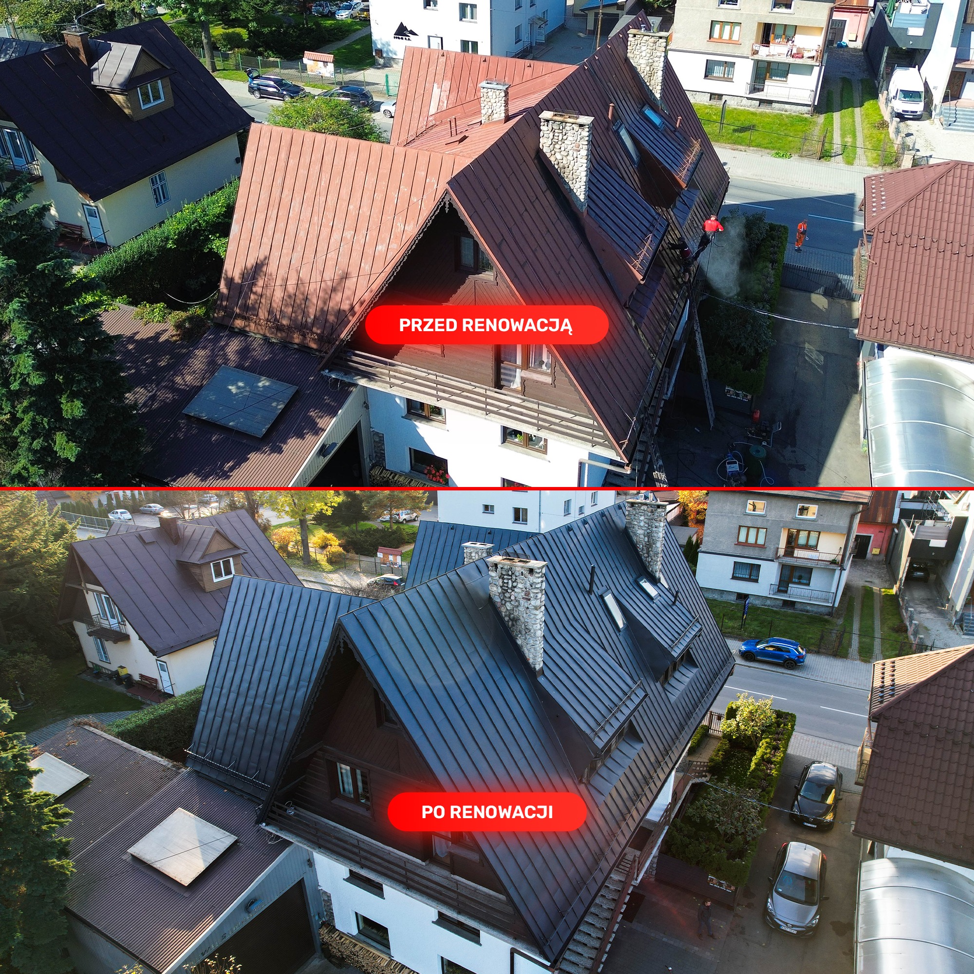 Porównanie dachu domu przed i po renowacji: górna część zdjęcia prezentuje czerwoną, zabrudzoną powierzchnię przed czyszczeniem, a dolna część ukazuje odnowiony, ciemny dach po malowaniu.