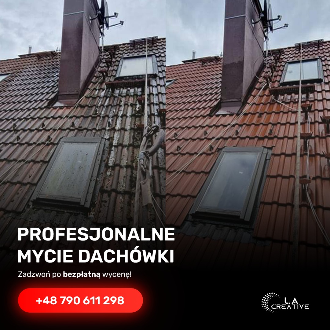 Dachówka przed i po czyszczeniu, widoczna różnica w zabrudzeniu, okno dachowe, komin oraz przewody na dachu.