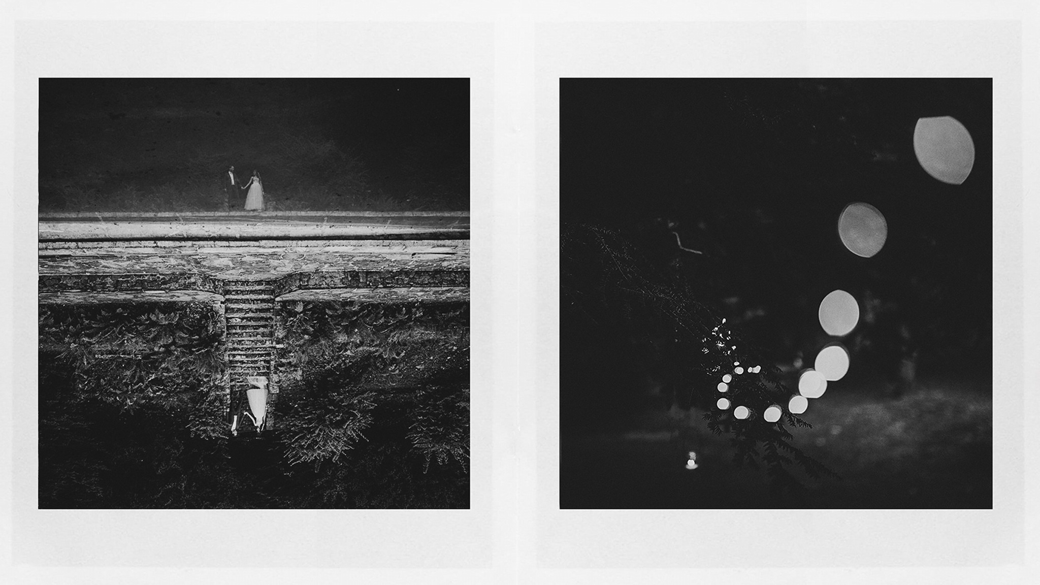 Czarno-białe, podzielone zdjęcie przedstawiające parę młodą na kamiennym tarasie z widokiem na schody porośnięte roślinnością oraz zbliżenie na rozmyte światła w nocy.