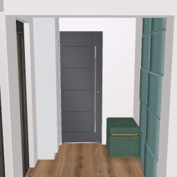 Ola kkk - Wizualizacja 3D przedpokoju z szarą, panelową ścianą, drewnianą podłogą i zieloną pufą, widok z poziomu aplikacji do projektowania wnętrz.