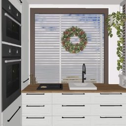 Ola kkk - Wizualizacja kuchni z białymi szafkami, drewnianym blatem i czarnymi uchwytami, okno z żaluzjami i świątecznym wieńcem, oświetlenie punktowe na suficie, widok z perspektywy użytkownika aplikacji...
