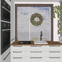 Wizualizacja kuchni z białymi szafkami, drewnianym blatem i czarnymi uchwytami, okno z żaluzjami i świątecznym wieńcem, oświetlenie punktowe na suficie, widok z perspektywy użytkownika aplikacji...