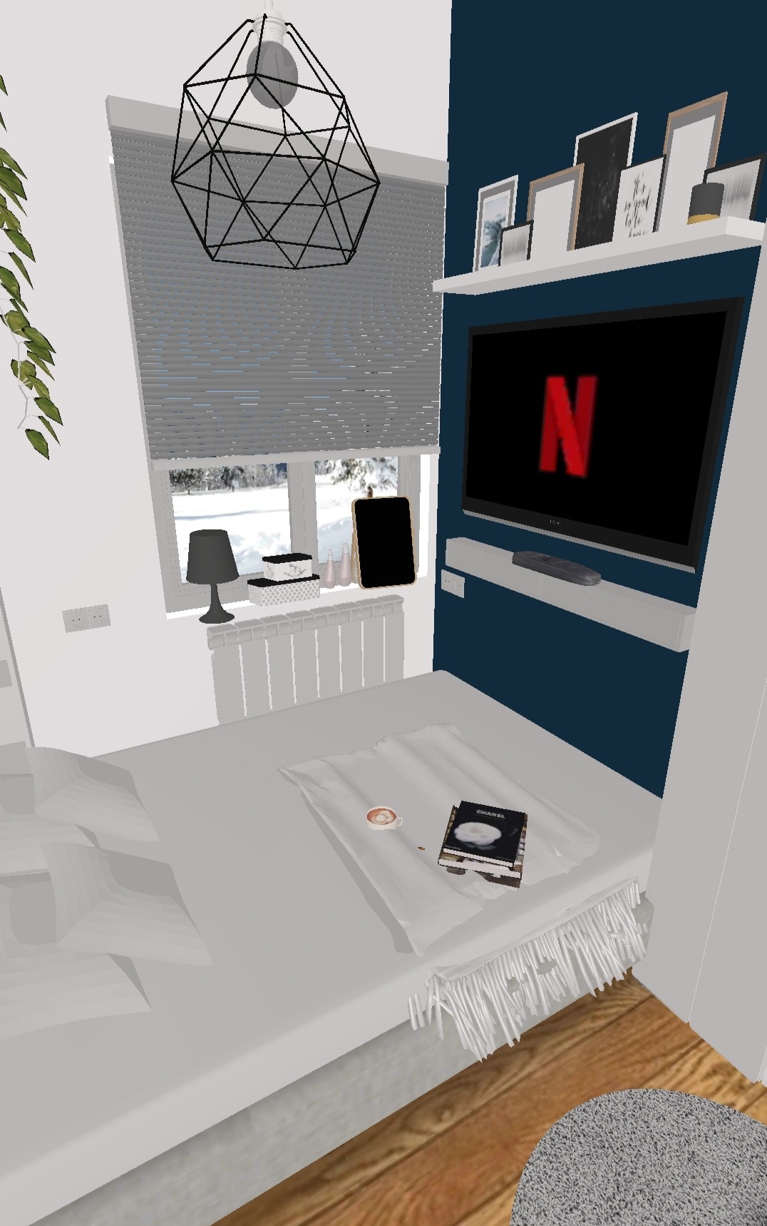 Wizualizacja sypialni z łóżkiem, telewizorem z logiem Netflix na ścianie, lampą sufitową w stylu industrialnym, książką Chanel i filiżanką kawy na łóżku, oraz dekoracjami na parapecie.