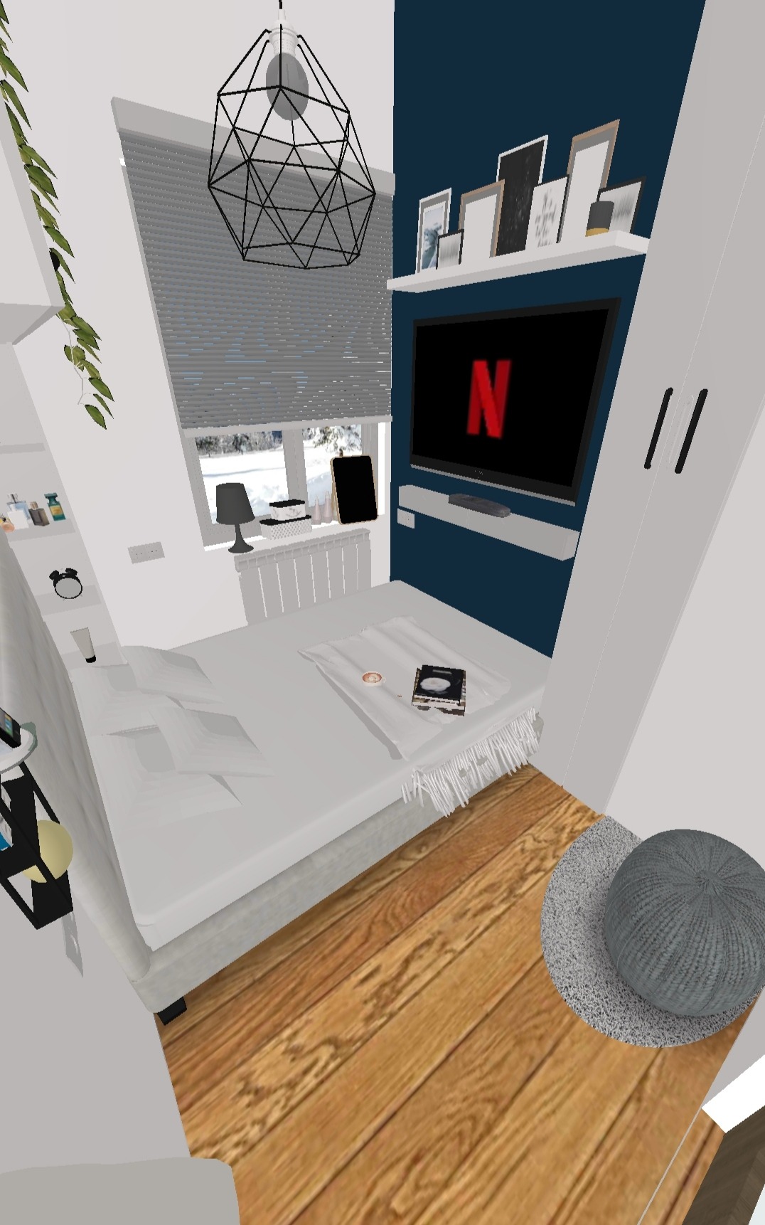 Wizualizacja sypialni z łóżkiem, telewizorem z logo Netflix, lampą wiszącą i drewnianą podłogą.