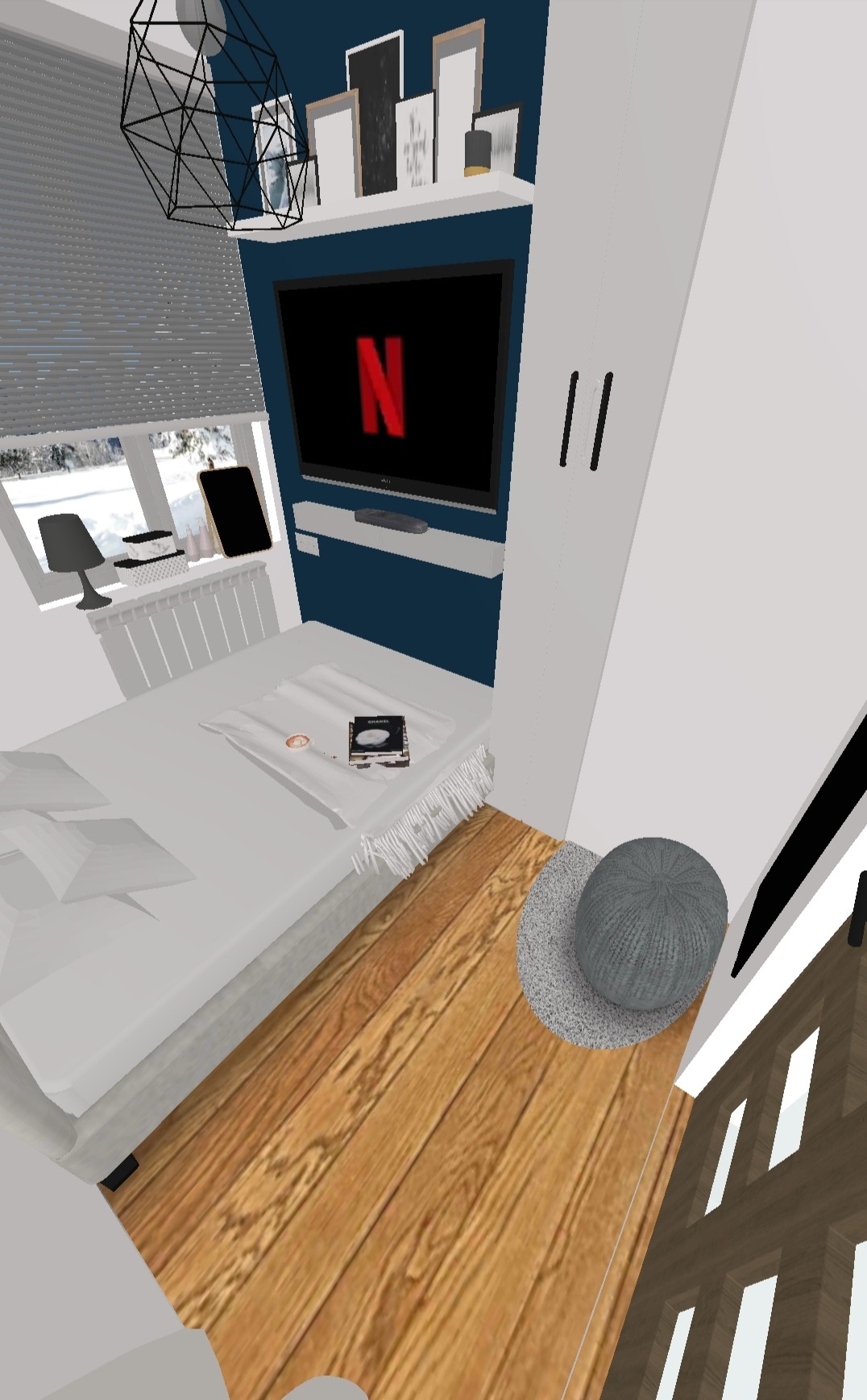 Wizualizacja sypialni z łóżkiem, telewizorem z włączonym Netflixem, drewnianą podłogą i szarą pufą.