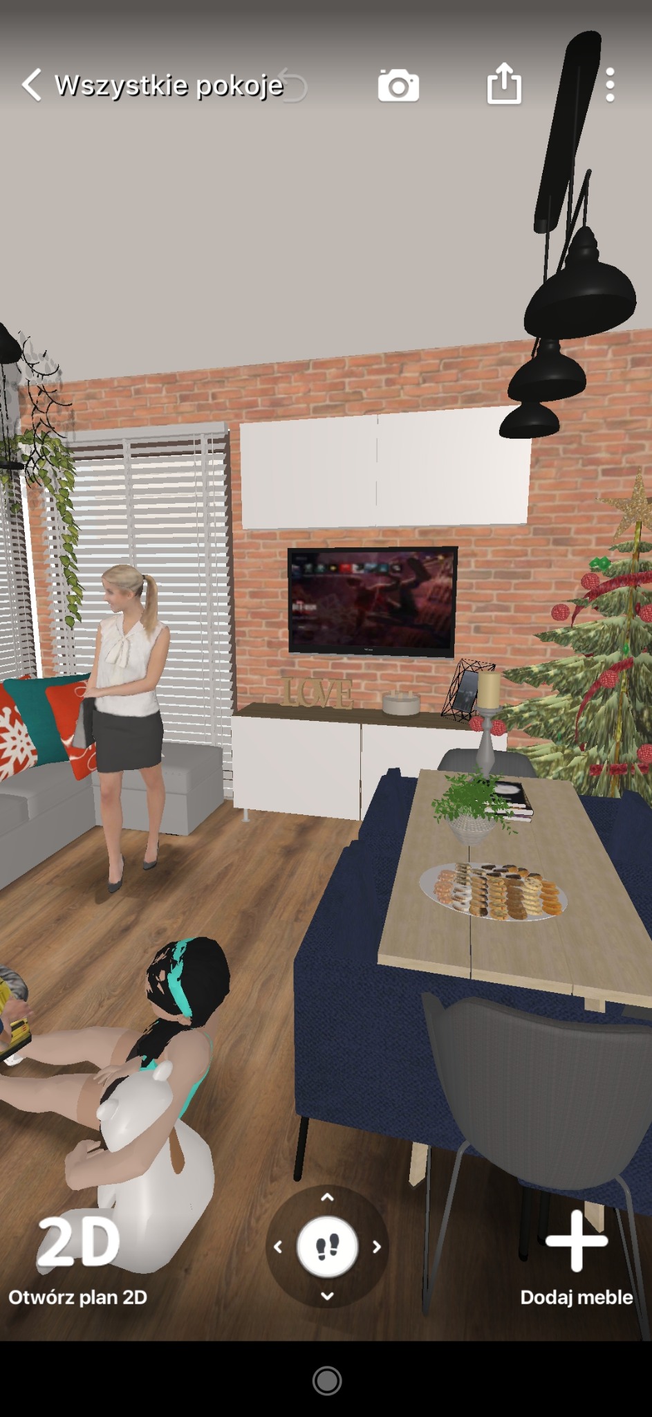 Wizualizacja wnętrza salonu z ceglaną ścianą, białymi meblami, choinką i osobami, wykonana w aplikacji do projektowania wnętrz.