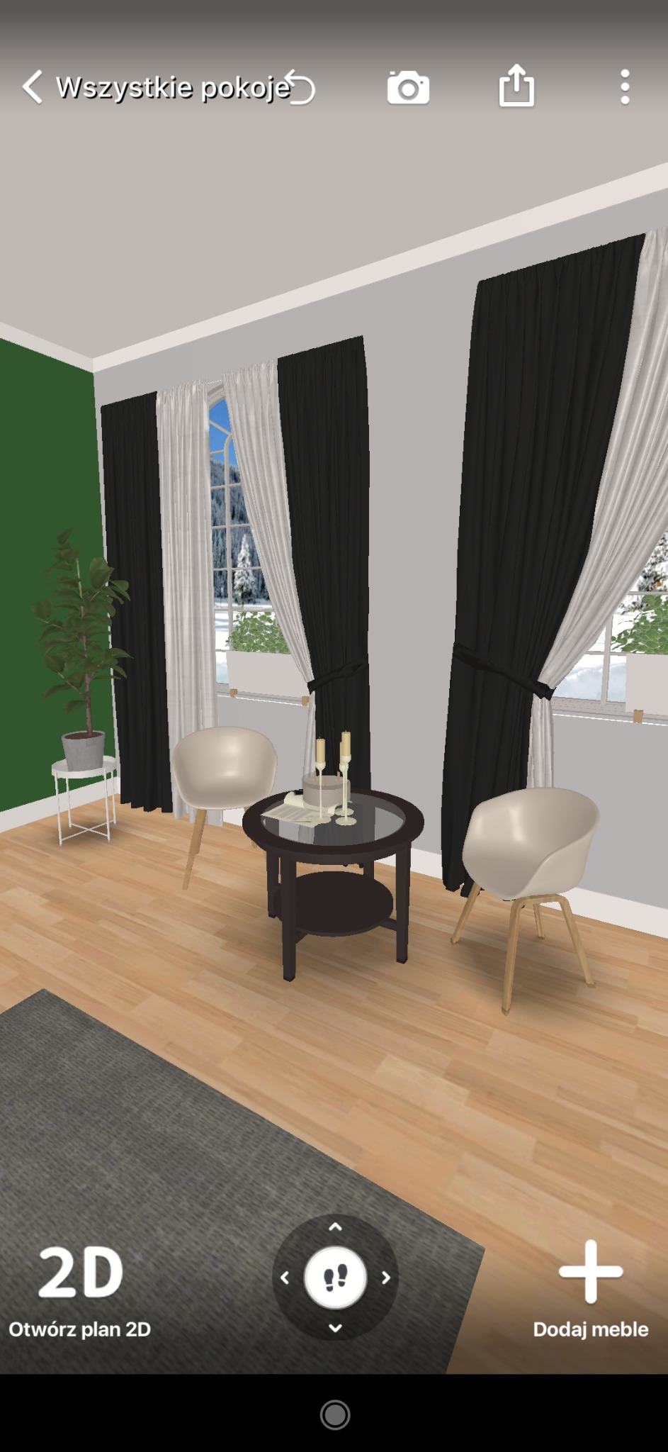 Wizualizacja salonu z drewnianą podłogą, szarym dywanem, dwoma krzesłami, okrągłym stolikiem z dekoracjami, zieloną ścianą i oknem z widokiem na ośnieżone drzewa.