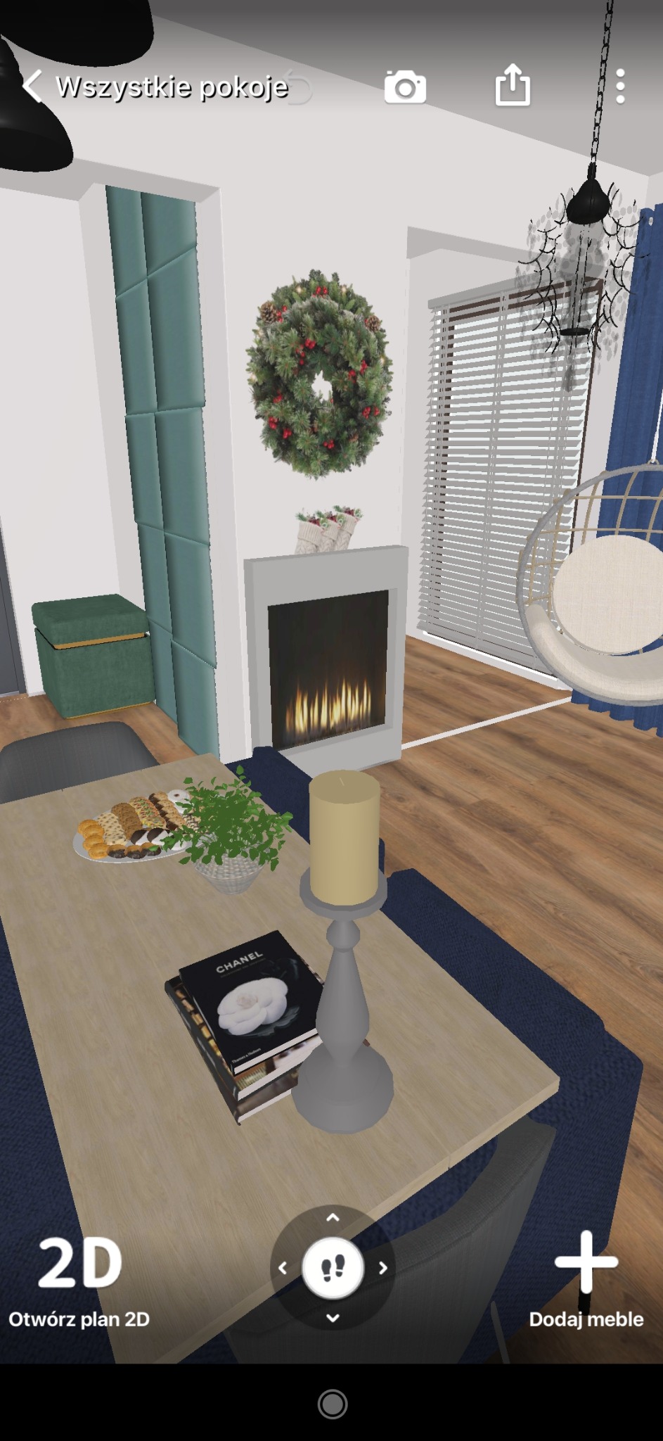 Wizualizacja salonu z kominkiem i dekoracjami świątecznymi, wirtualny projekt z elementami interfejsu aplikacji.