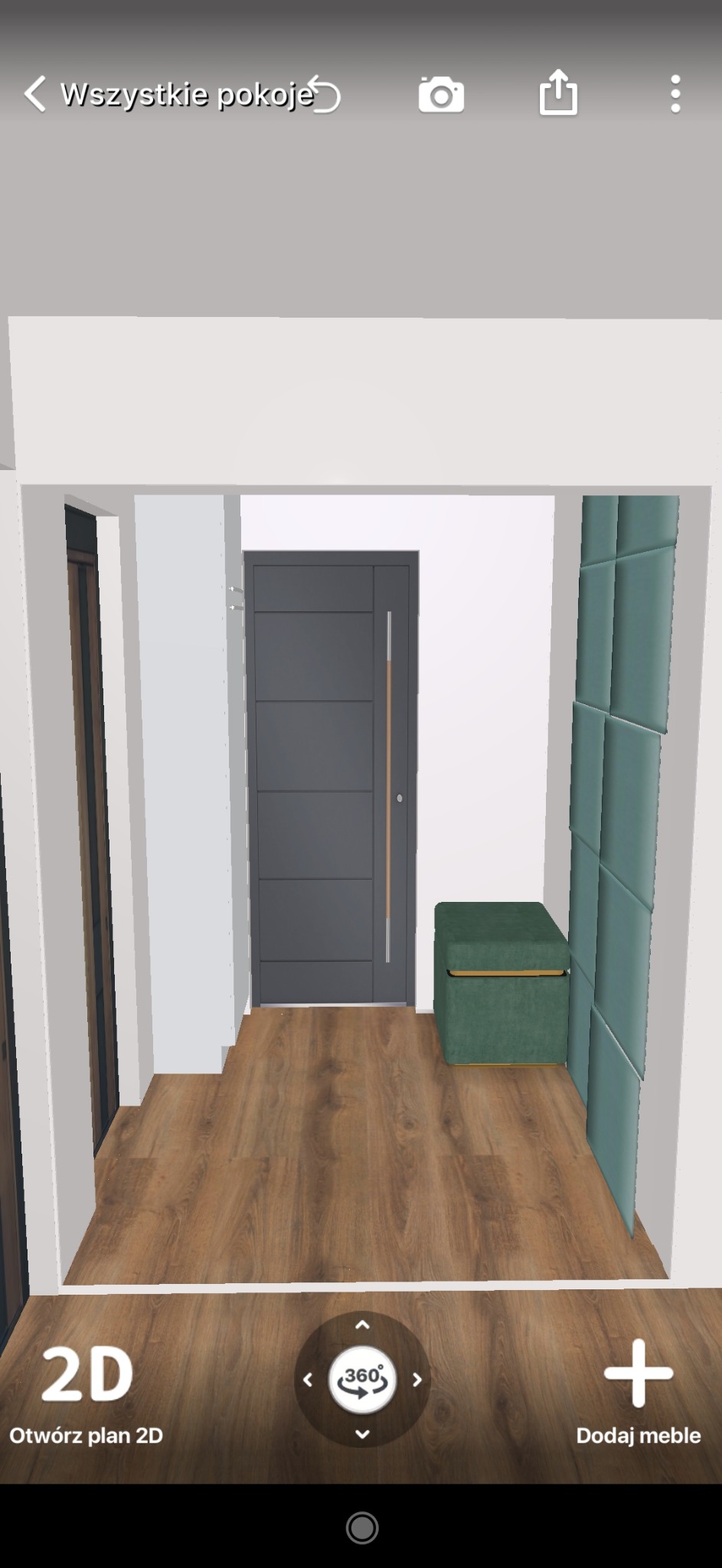 Wizualizacja 3D przedpokoju z szarą, panelową ścianą, drewnianą podłogą i zieloną pufą, widok z poziomu aplikacji do projektowania wnętrz.