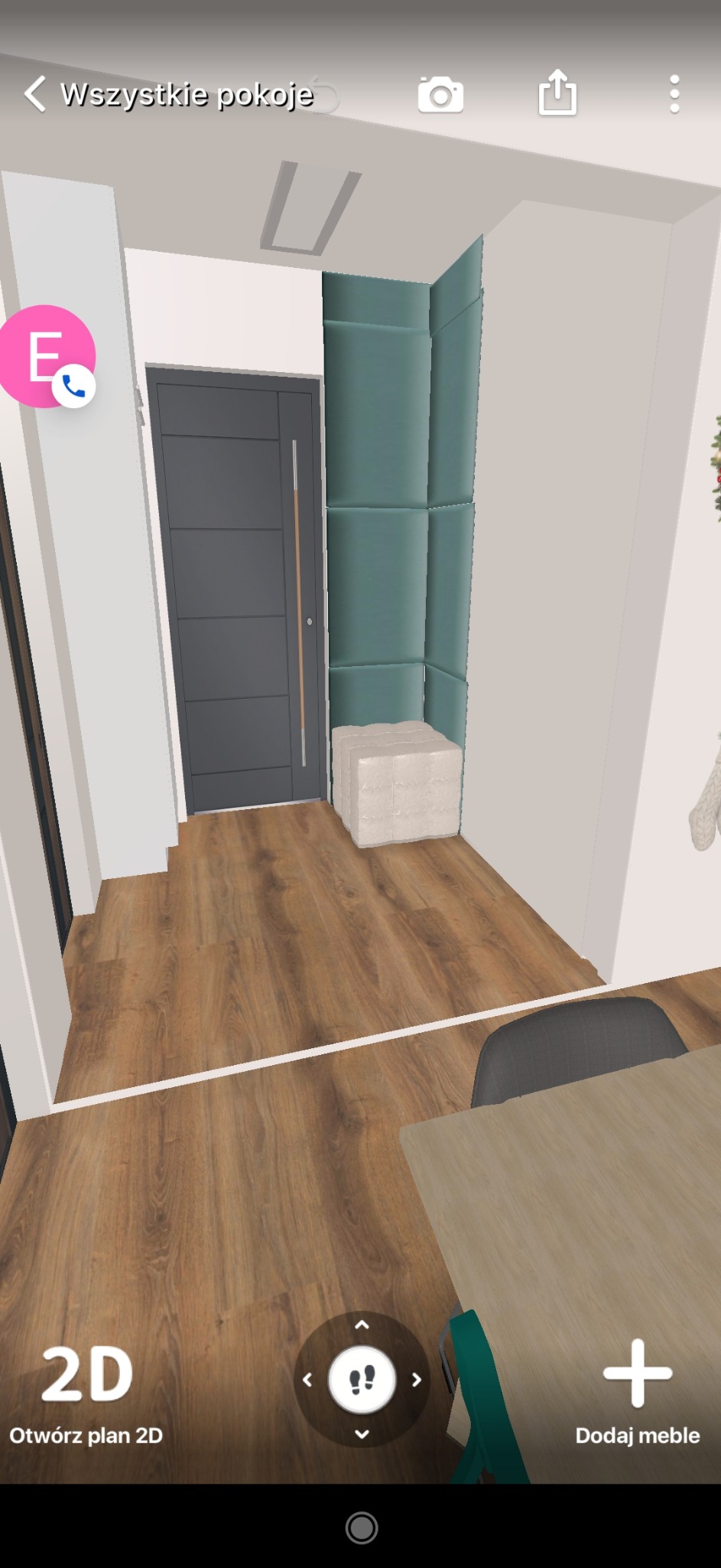 Wizualizacja 3D przedpokoju z szarą, nowoczesną szafą w zabudowie, miękkim panelem ściennym w odcieniach turkusu i pufą w kolorze kremowym, widok z perspektywy osoby stojącej w pomieszczeniu.