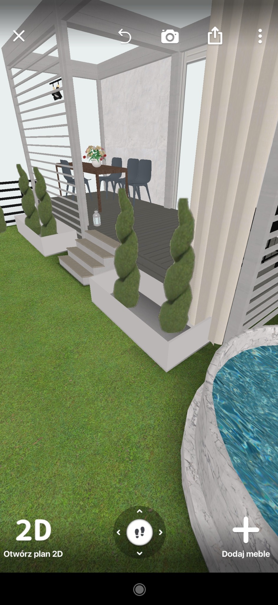 Wizualizacja 3D tarasu z pergolą, stołem, krzesłami i roślinami w donicach, widok z góry na basen.