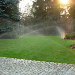 Automatyczne nawadnianie trawnika z dyszami rozpylającymi wodę, widok z poziomu kamiennej ścieżki, promienie słoneczne w tle.