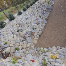 Skarpa z dużych szarych kamieni oddzielająca trawnik od ścieżki, obsadzona niskimi zielonymi krzewami i młodymi roślinami z czerwonymi akcentami, w tle ogrodzenie i drzewa.