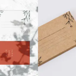 Kompozycja zaproszeń ślubnych: biała kartka z motywem florystycznym i logo Kassi Dekor, brązowa kartka z tekstem i delikatnym rysunkiem oraz bordowa kartka z napisem 'Save the Date', ułożone...