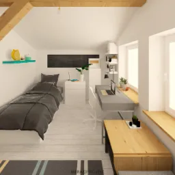 Wizualizacja pokoju na poddaszu z drewnianą belką, łóżkiem, biurkiem przy oknie, półką z dekoracjami i czarną tablicą na ścianie.