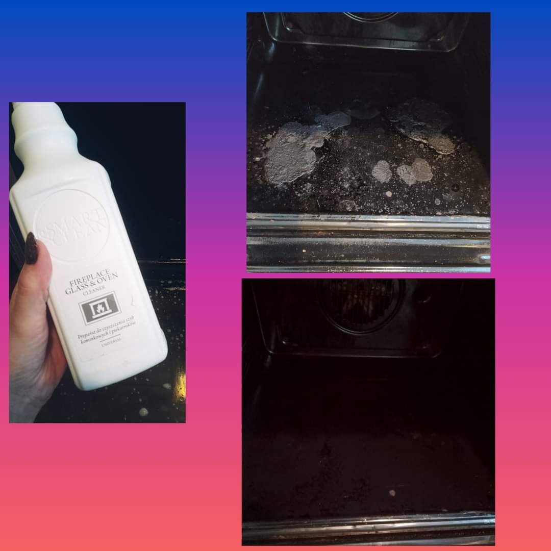 Butelka środka do czyszczenia kominków i piekarników w dłoni, obok ujęcia wnętrza brudnego piekarnika przed czyszczeniem i czystego po czyszczeniu.