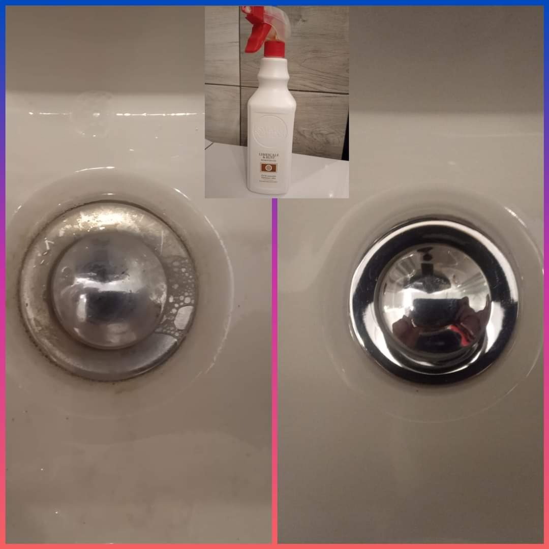 Porównanie odpływu umywalki przed i po czyszczeniu środkiem w spryskiwaczu, widoczne osady i błyszcząca powierzchnia po użyciu środka.