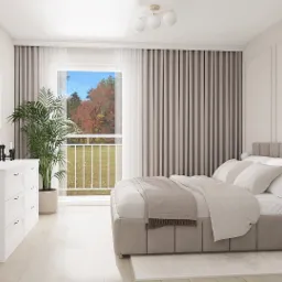 Jasna sypialnia z łóżkiem typu king-size, białymi meblami i rośliną doniczkową. Za oknem widok na jesienny krajobraz. Minimalistyczny design z elementami dekoracyjnymi.