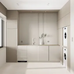 Beżowa pralnia w Sierosławiu: minimalistyczne szafki, pralka w zabudowie, okno z żaluzjami i dekoracyjna waza z gałązkami na blacie. Stonowana kolorystyka.