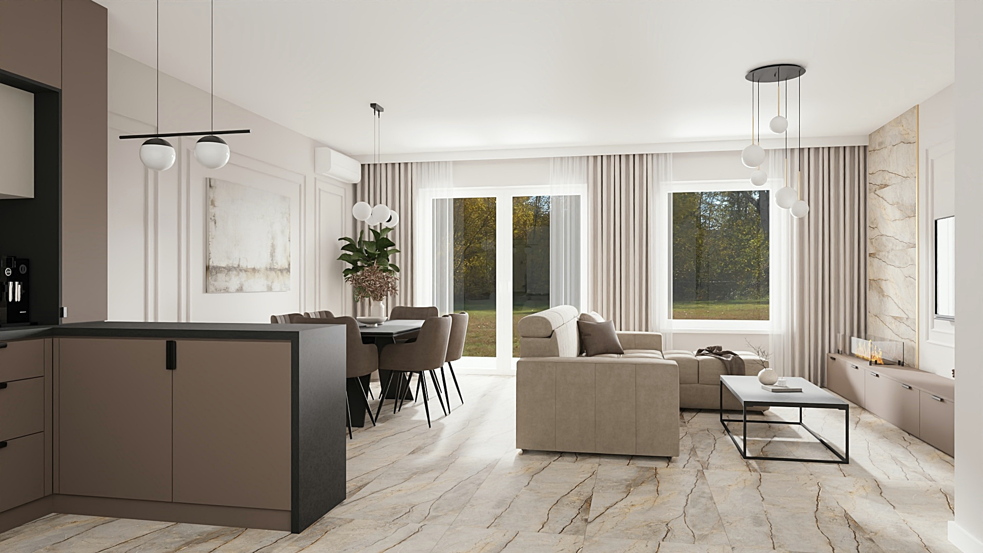 Nowoczesne wnętrze: salon z jadalnią w neutralnych barwach. Beżowa sofa, stół z krzesłami, marmurowa podłoga i subtelne oświetlenie tworzą spójną całość.