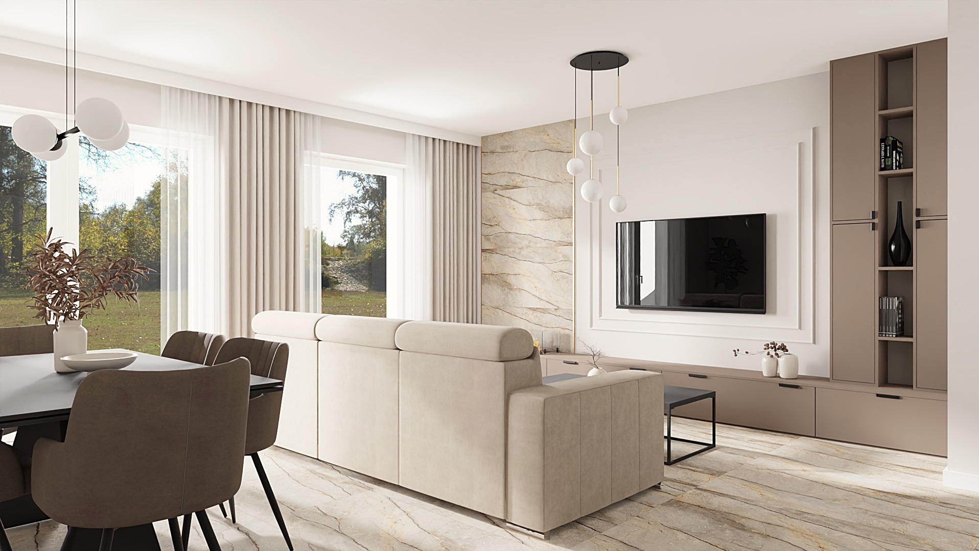 Stylowy salon z beżową sofą, marmurową ścianą i telewizorem. Widok z jadalni na salon, z oknami z widokiem na zieleń. Całość w jasnych, stonowanych barwach.