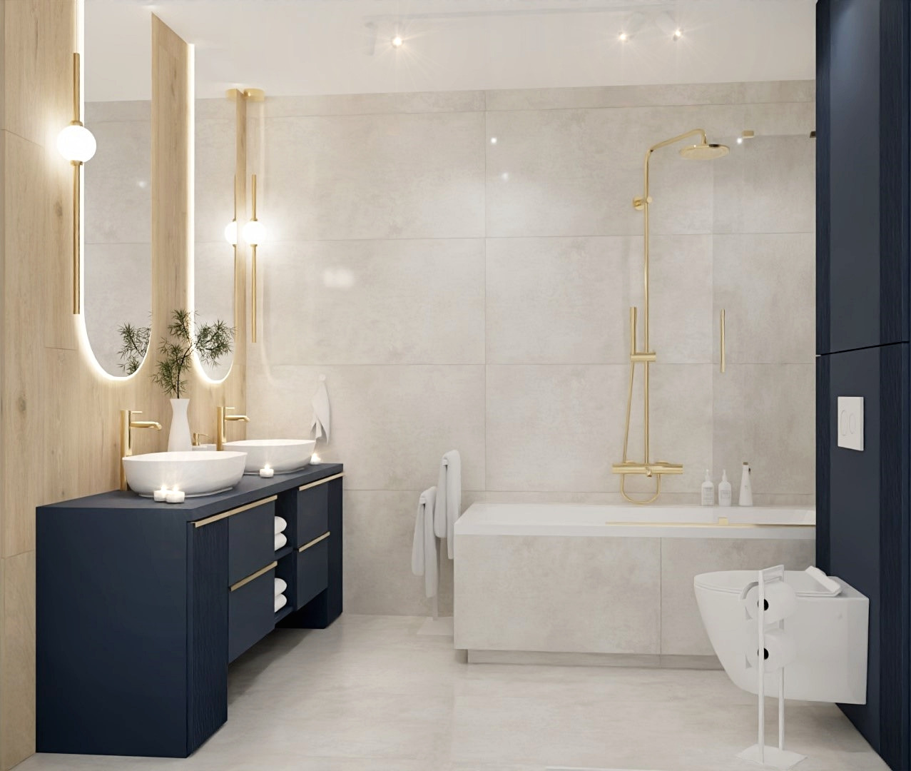 Elegancka łazienka z dwoma umywalkami na ciemnej szafce, złotą armaturą i oświetleniem. Jasne płytki i wanna tworzą spójną całość.