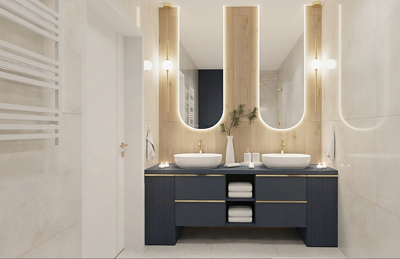 Nowoczesna łazienka z podwójną umywalką nablatową, podświetlanymi lustrami w kształcie litery U, drewnianym panelem i grafitową szafką z złotymi akcentami.