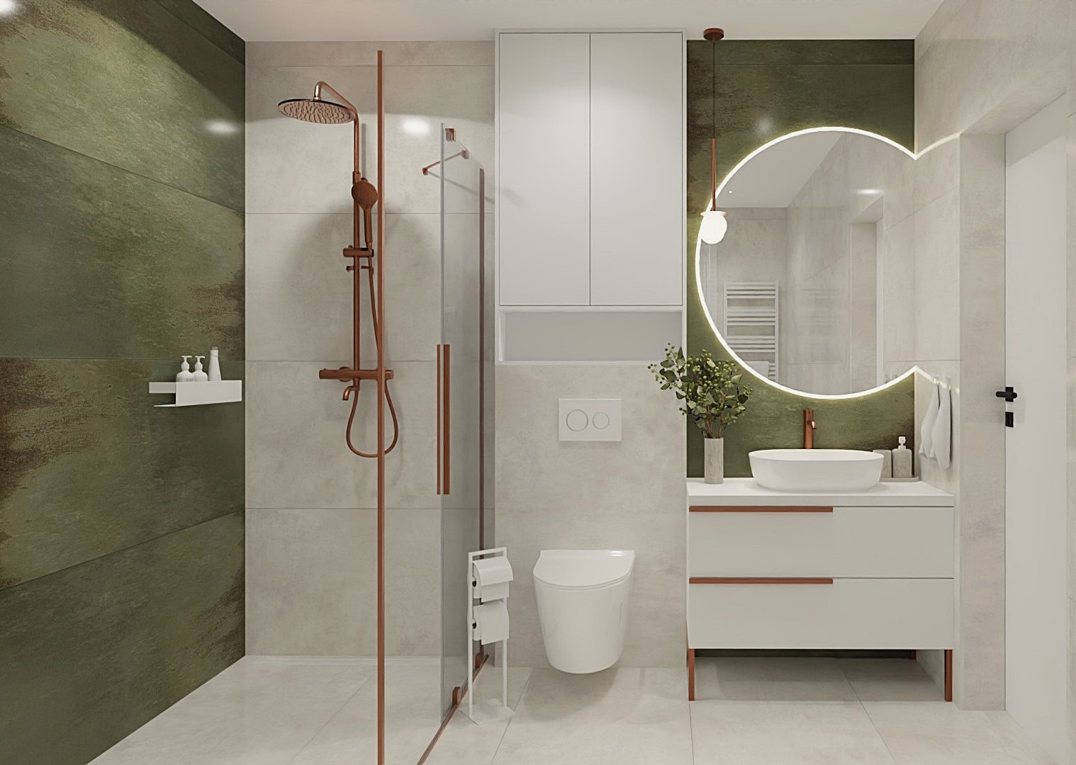 Nowoczesna łazienka z kabiną prysznicową typu walk-in, armaturą w kolorze miedzi i okrągłym lustrem z podświetleniem LED. Minimalistyczny design, zielone akcenty.
