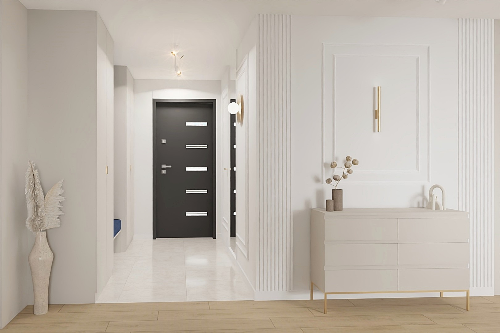 Nowoczesny przedpokój w jasnych barwach z komodą, dekoracjami i czarnymi drzwiami wejściowymi. Minimalistyczny design z elementami dekoracyjnymi.